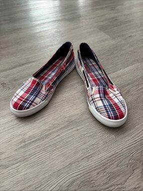 Sperry Top Sider Plaid Slip-On Women's Sneakers in Red white Blue Sz 10 EUC